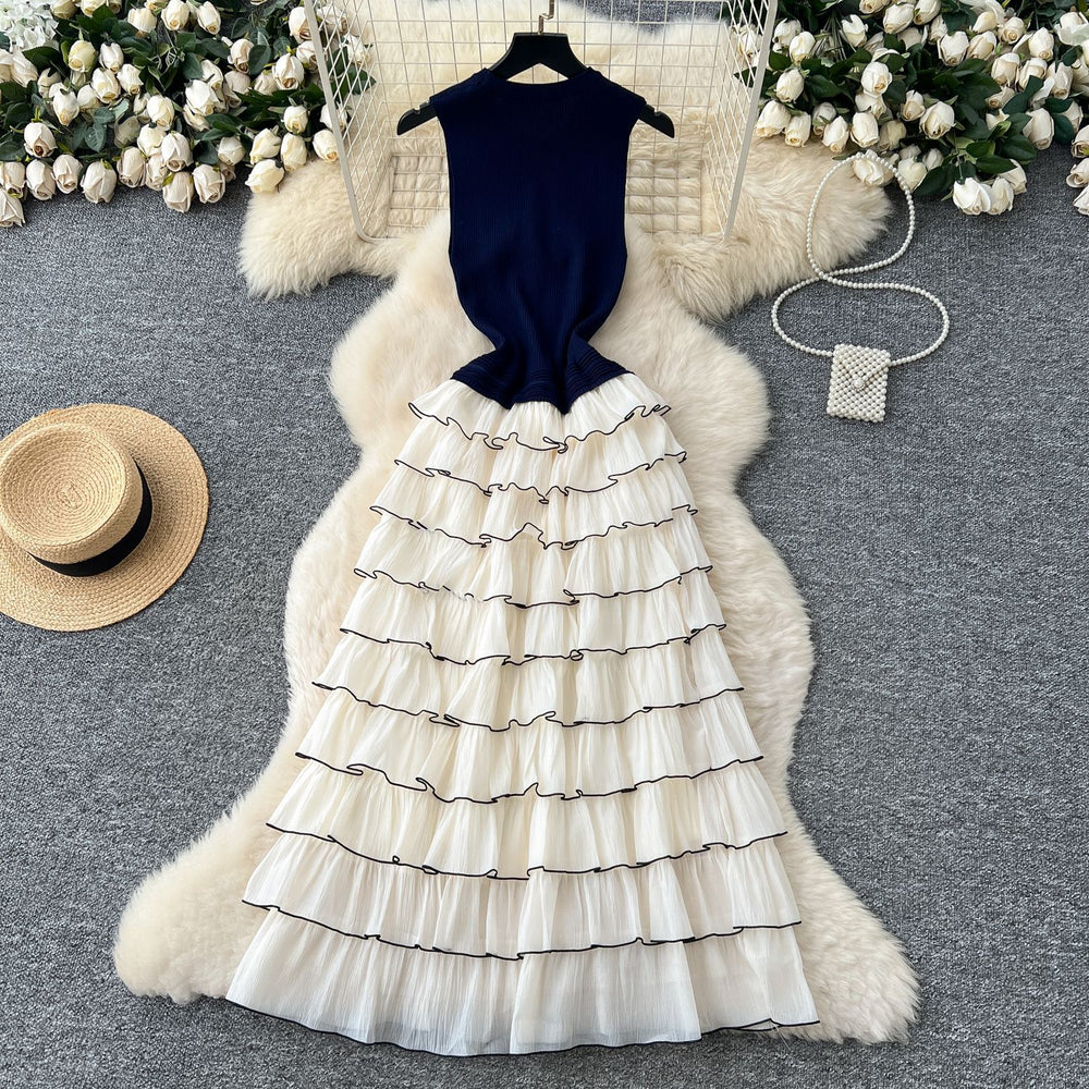 Frenchclassy lady flower contrast color sleeveless knittingpatchwork waist layered cake dress women's long skirt