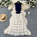 Frenchclassy lady flower contrast color sleeveless knittingpatchwork waist layered cake dress women's long skirt