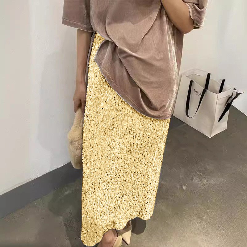 2025 european and american new fashion high-waisted slimming sequin midi skirt - women's elastic waist, back slit, stretch straight-leg long skirt