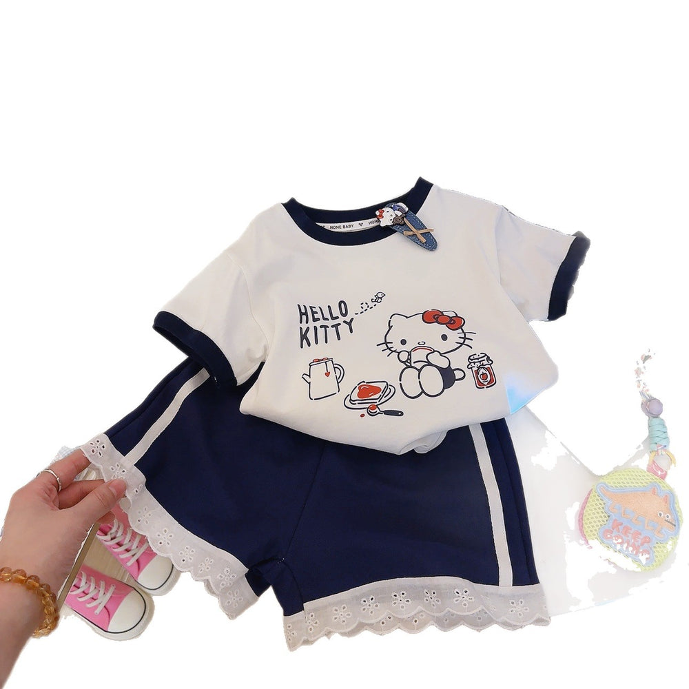 Girls' summer outfit set, new  korean style cartoon kt print short sleeve and shorts, class a pure cotton sweet set
