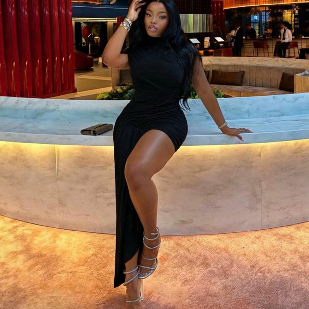 women's knit dress featuring an asymmetrical, uniquely designed high neckline. slimming, figure-flattering, and subtly sexy, perfect for concealing any problem areas