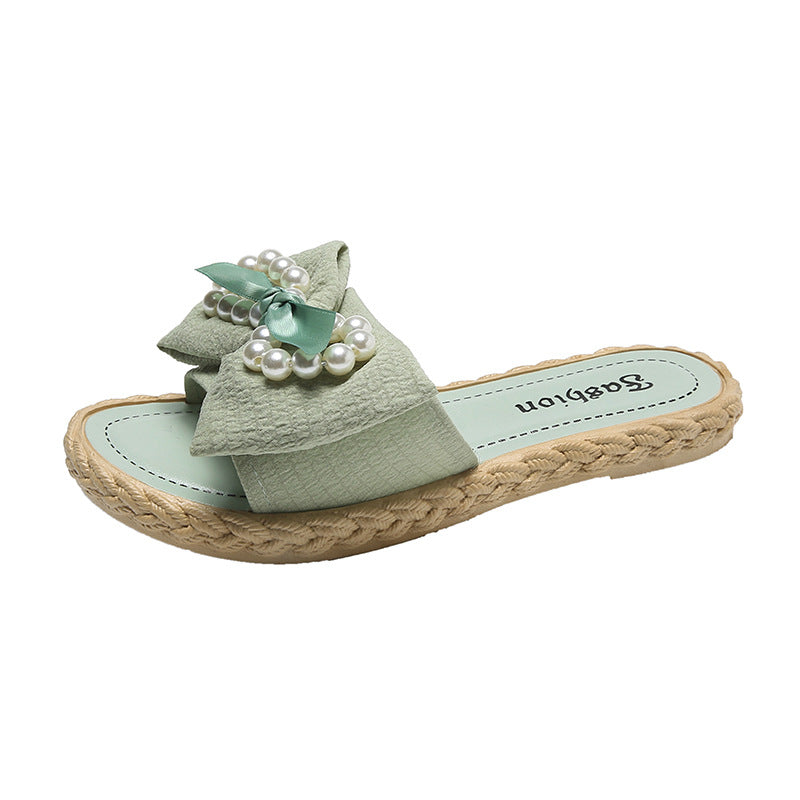 New women's summer slippers - korean style, wearable outdoors, pearl & bowknot flower beach sandals, women's ins flat slippers