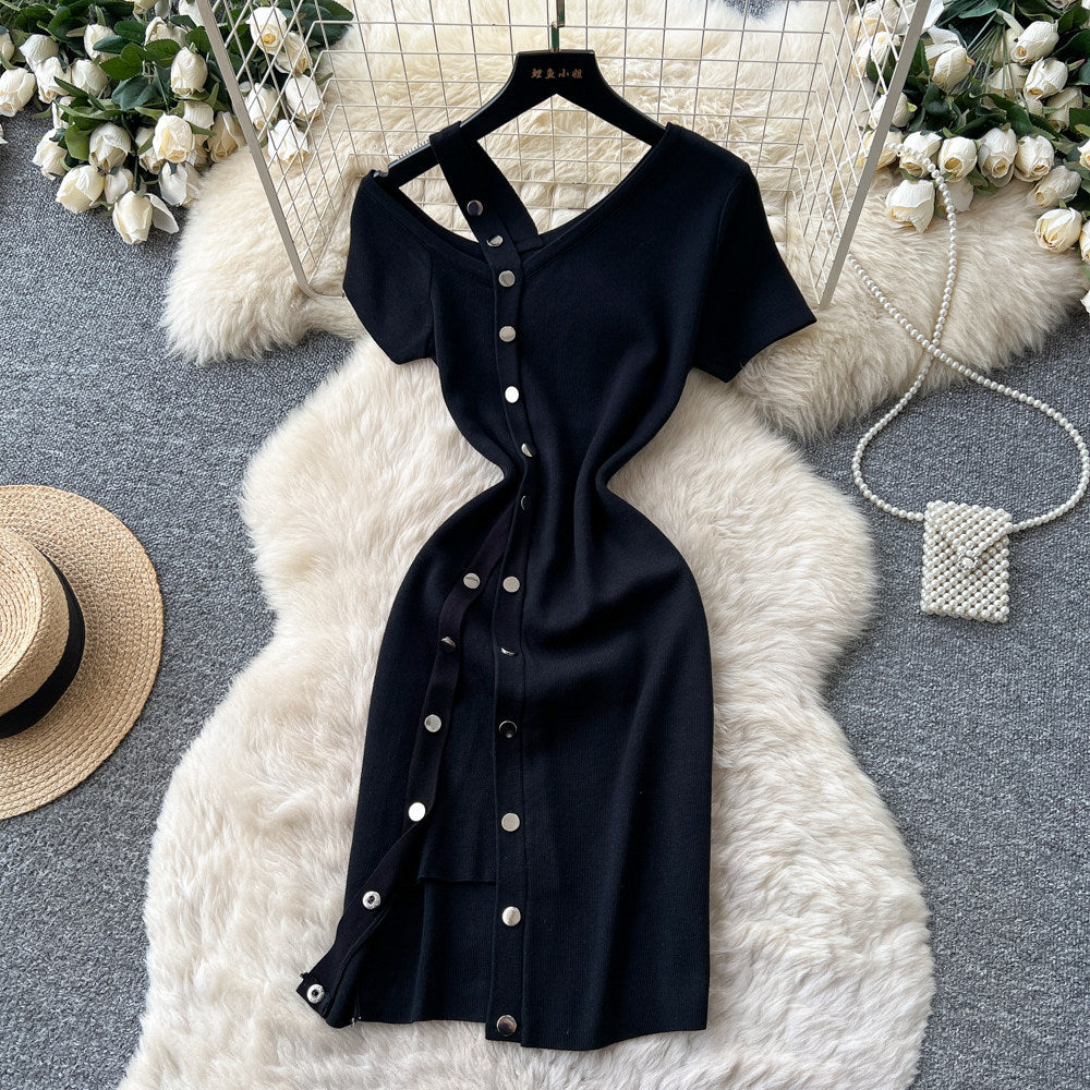 K-stylesexyv neck short-sleeved metal button knittingdress women's summer oblique shoulder slimming look silmelegant hip skirt