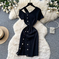 K-stylesexyv neck short-sleeved metal button knittingdress women's summer oblique shoulder slimming look silmelegant hip skirt