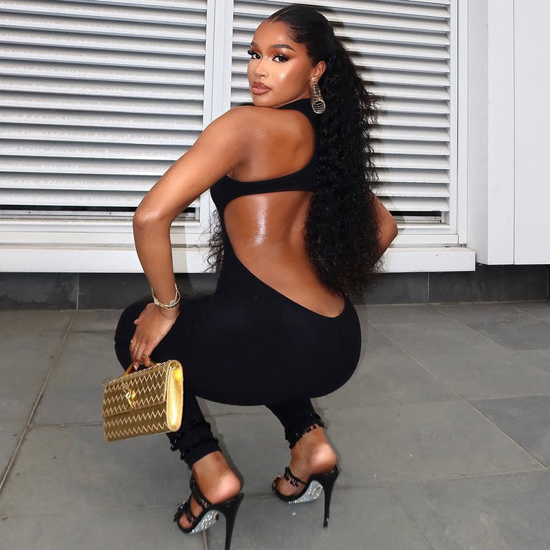 European and american style cross-border casual activewear women's workwear cutout bodycon solid color jumpsuit backless low-rise long romper