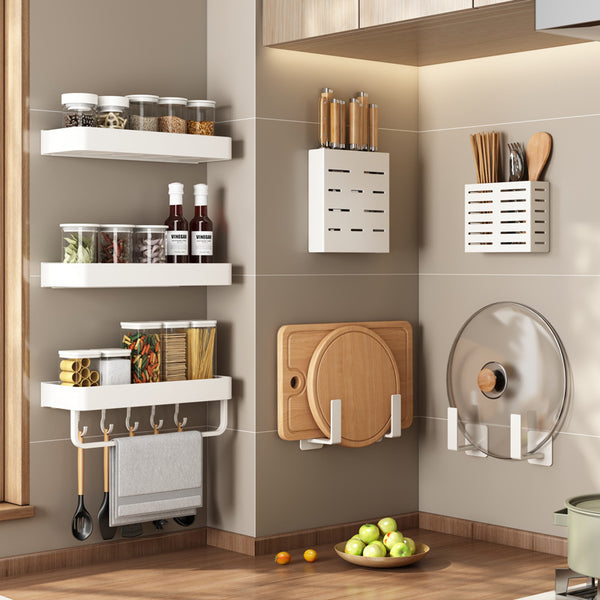 White Kitchen Shelf Wall Mounted No Punching Household Knife Holder Seasoning Cutting Board Cutting Board Storage Seasoning Shelf