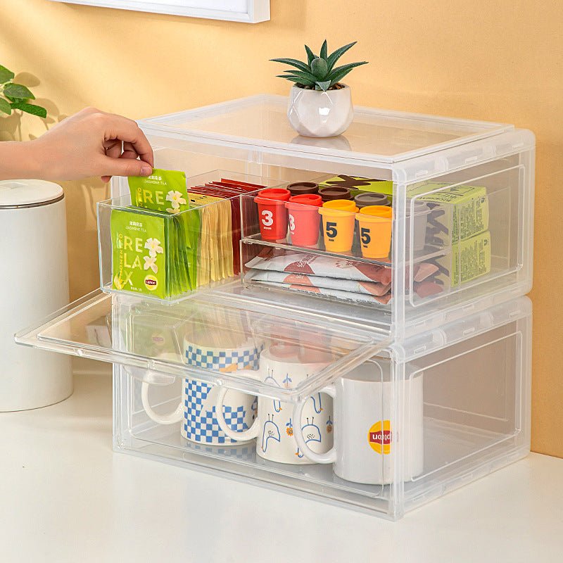 Desktop flip cover dust cup storage box plastic can be stacked water cup rack glass cup holder tea bag storage