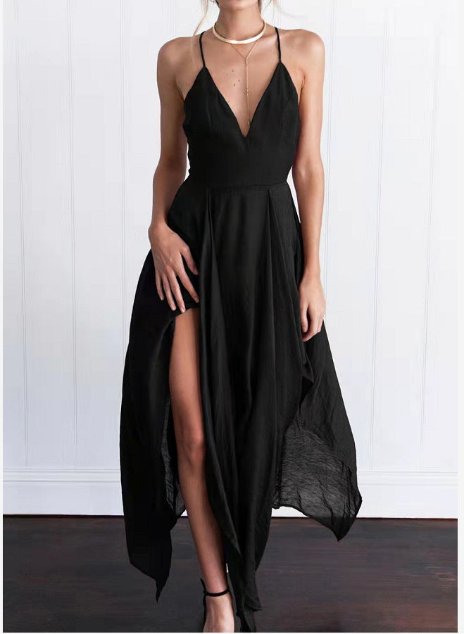 cross-border  summer european and american style women's camisole v-neck asymmetrical hem sexy maxi dress