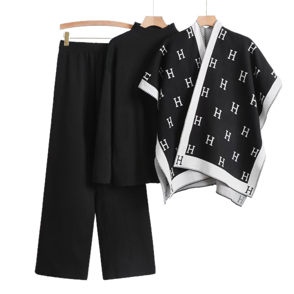 2025 autumn new arrival: chic capelet letter shawl jacket + solid color top + wide-leg pants knit three-piece set