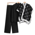 2025 autumn new arrival: chic capelet letter shawl jacket + solid color top + wide-leg pants knit three-piece set