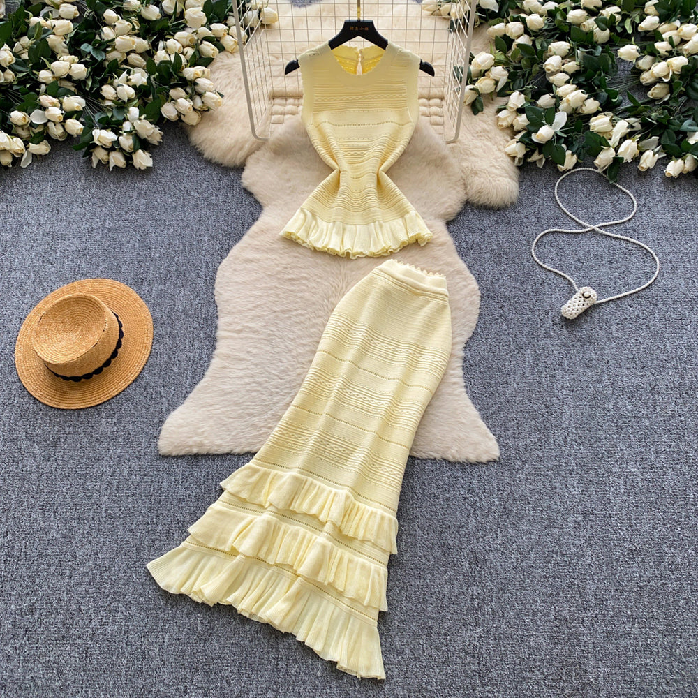 French chic knit tank top & pleated midi skirt set - women's summer slimming & elegant two-piece outfit - high-end style
