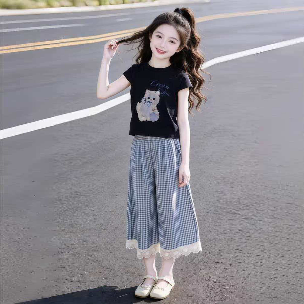 Girls' outfit  new children's wear girl's cat letter plaid two-piece set casual short sleeve summer fashionable style