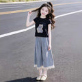 Girls' outfit  new children's wear girl's cat letter plaid two-piece set casual short sleeve summer fashionable style