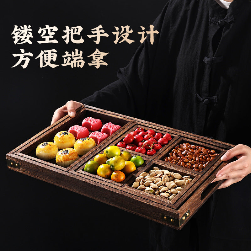 Wooden tray for tea brewing, dried fruit, afternoon tea snacks, and dim sum – original paulownia wood chinese-style multi-compartment tea tray
