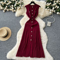Chanel-inspired, high-end, round-neck, sleeveless, metal-buttoned, slim-fit, figure-flattering knit dress for women, new summer 2025 collection
