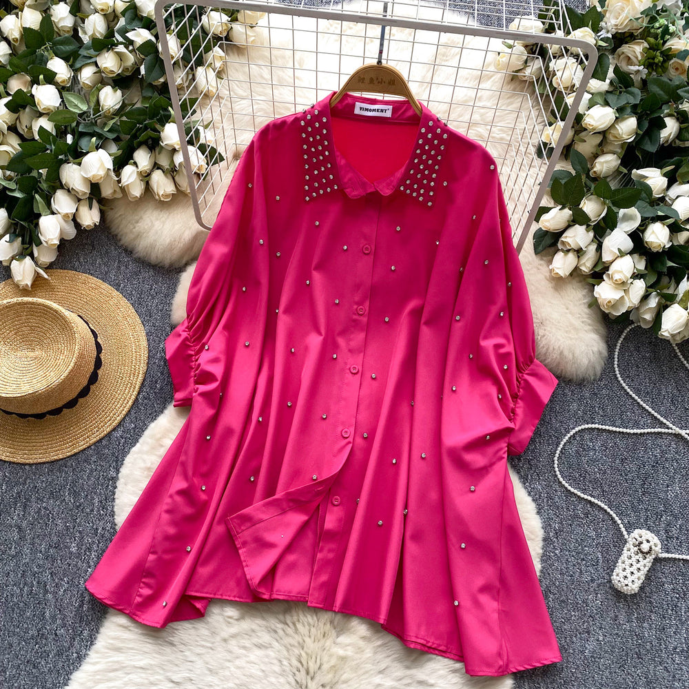 Relaxed and effortless style women's summer top - european fashion design, heavily embellished with rhinestones, single-breasted batwing sleeve blouse