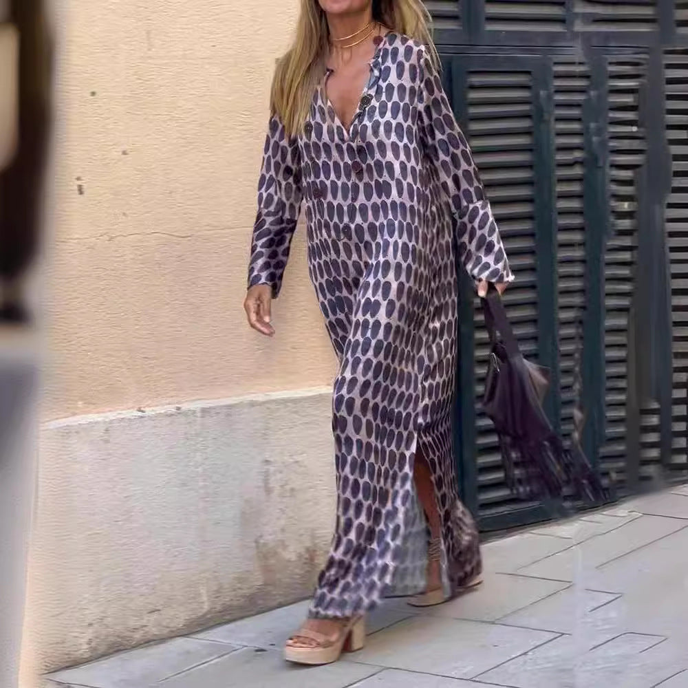 Cross-border Jinghu District Muse Fan Polyester Split Split Pullover Long Sleeve Split V-Neck Skirt Skirt Lining Long Dress