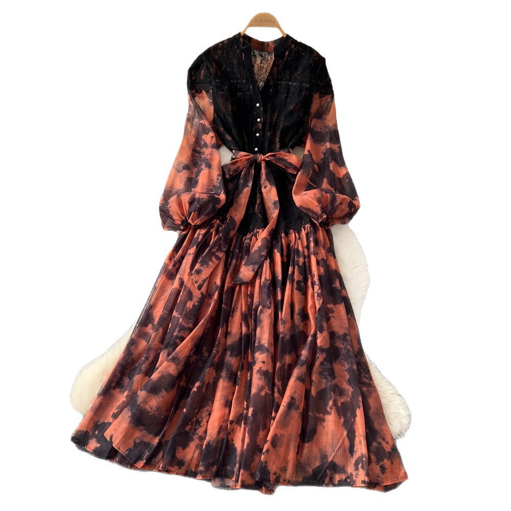 Gentle wind lacepatchworkelegantdress women's summerclassy sense of binding color matching waist printing long skirt work clothing