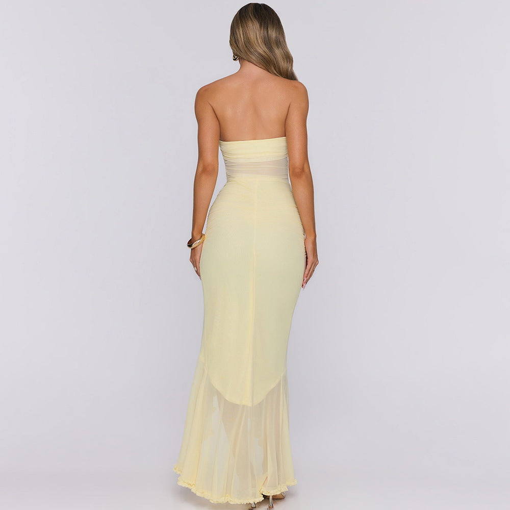Amazon women's clothing  new arrival: elegant sleeveless bandeau sexy high-slit ruffle detail backless bodycon dress