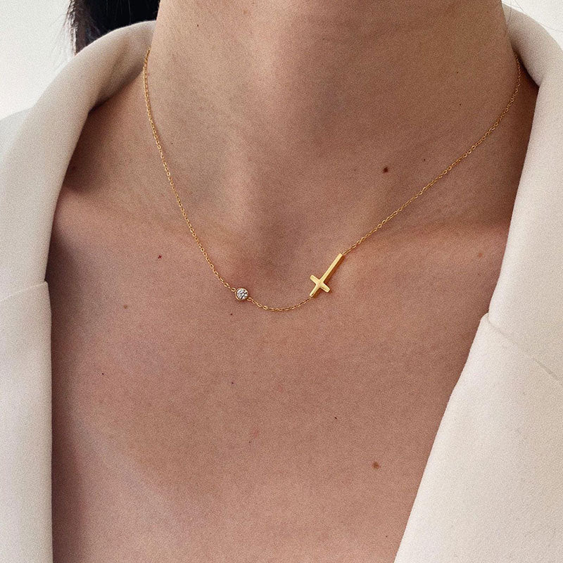 European and american style cross-border niche small and large diamond-encrusted cross necklace bracelet two-piece set clavicle chain for women titanium steel does not fade