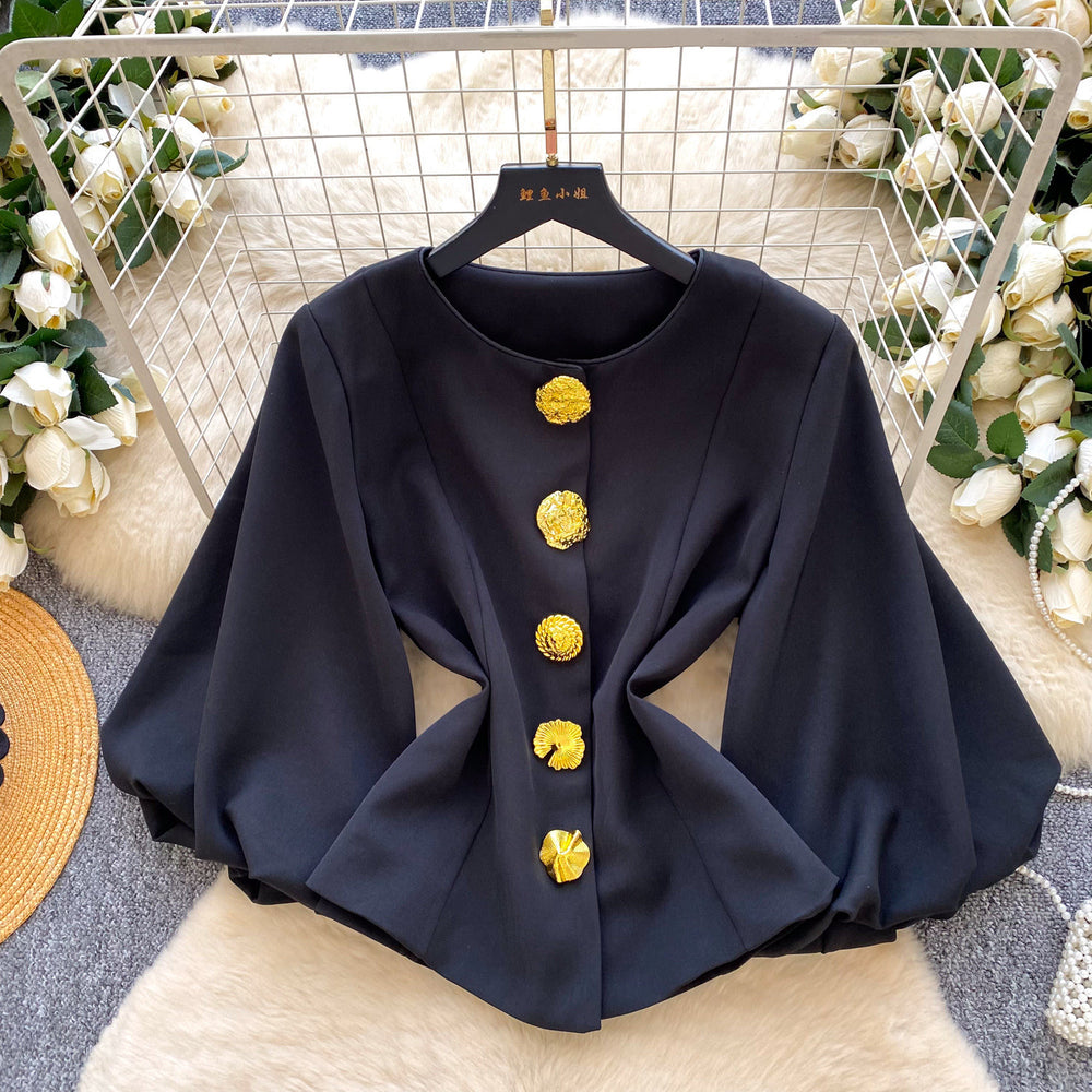 Retro style round neck woolenoutwear women's medium longwoolen metal button waist elegantwork clothing light mature style coat