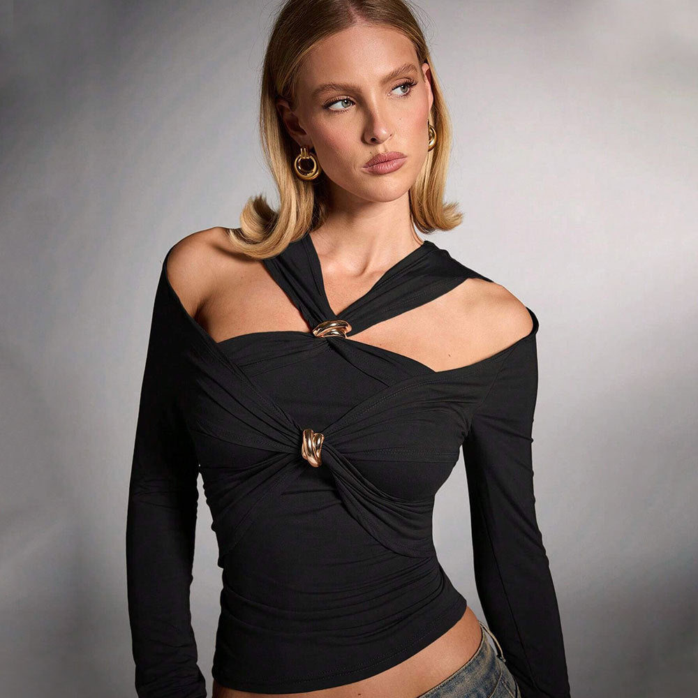 Fashionins cross-border fashion sense of design women's street style t-shirt spring and summer off-shoulder silmeleganttops