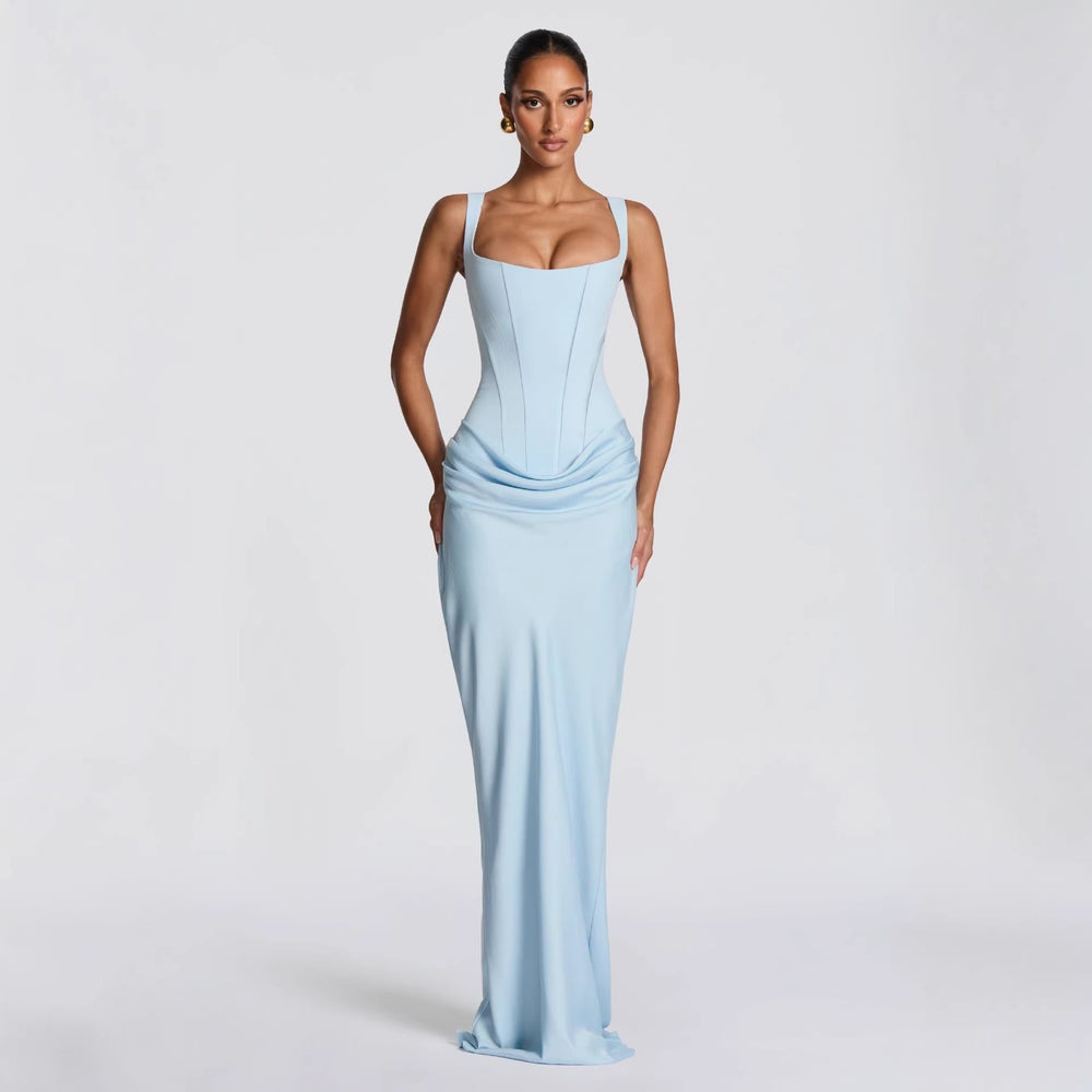 European and american style  spring new arrival: solid color fashion square neck sleeveless slim-fit patchwork ruched bodycon dress