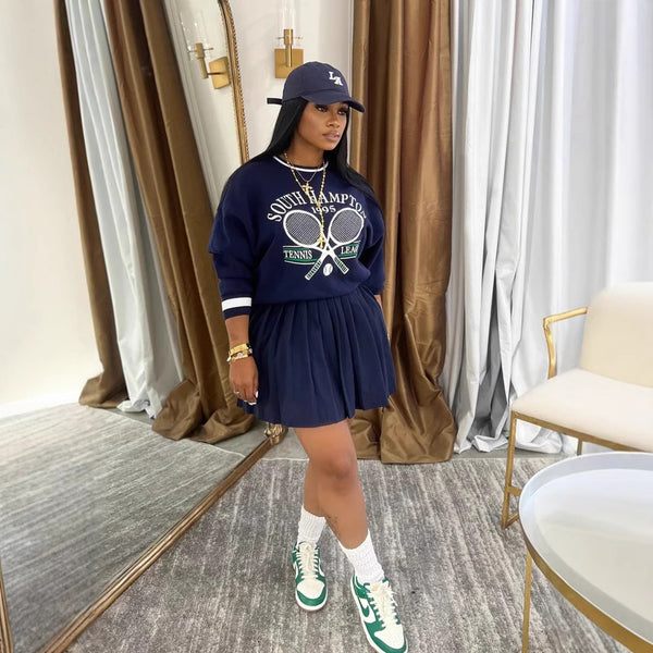 OL6164 New Cross-border Supply Autumn Women's Baseball Suit Pullover Sweater Set Pleated Short Skirt Two-piece Set