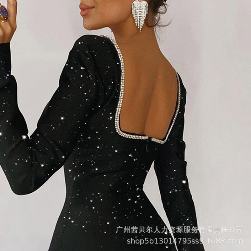 LZS3910  new women's clothing  black silver sprinkled flash v-neck dress