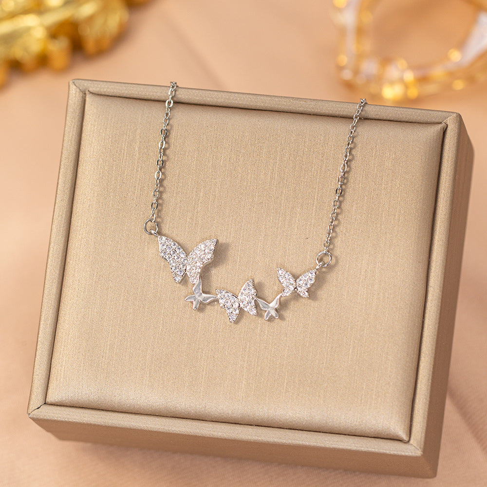 Popular stylish copper inlaid zirconium full diamond butterfly necklace for women eleganteasiest for matchfashion non-fading clavicle chain jewelry