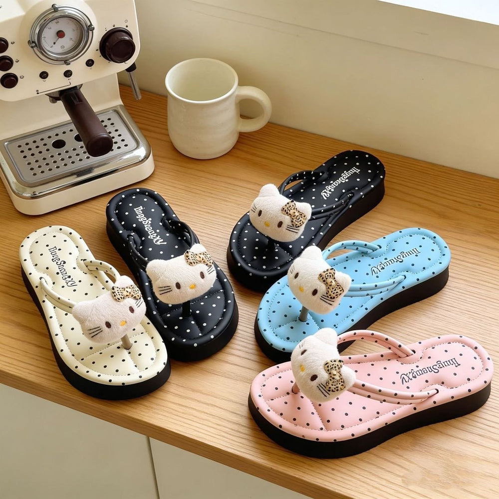 Cute polka dot platform flip-flops - women's summer lightweight soft sole height increasing everyday outdoor anti-slip beach vacation sandals