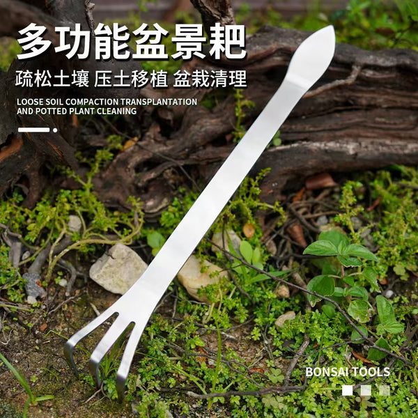 Seiko Extended Bonsai Rake Stainless Steel Dual-purpose Hand Rake Double Head Earth Press Knife Garden Handmade Bonsai Tools Loosen Soil