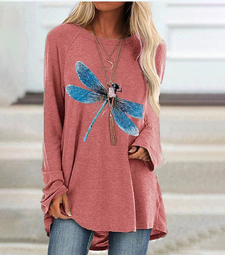 2025 amazon wish european and american new women's long-sleeve crew neck dragonfly print plus size t-shirt - casual and versatile