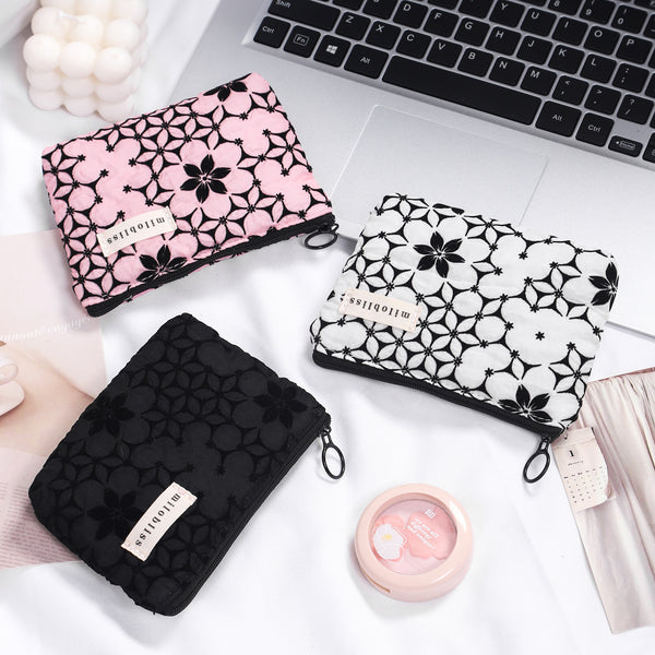 Flocking printed fabric cosmetic bag large capacity portable portable storage bag simple zipper storage small square bag