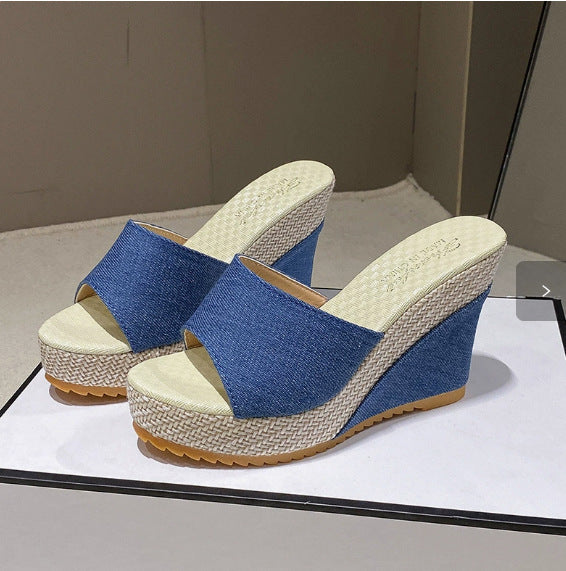 Fashionexport wedge heel one-shaped fish mouth high heel slippers women's platform shoes thick soleplus size open toe cloth sandals wish