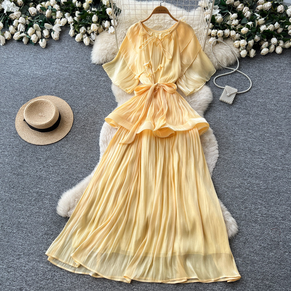 Thousand gold wind pressure pleated elegancenobledress women's summer strap waist slimming look a-line large swing skirt orange classy