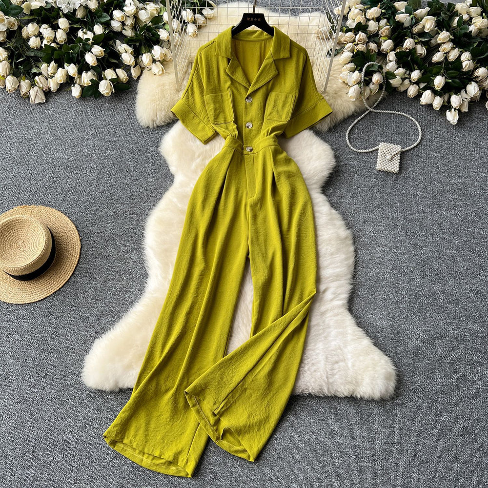 Summer women's new jumpsuit chic niche lightly mature style suit collar single breasted short sleeve high waistcasual jumpsuit
