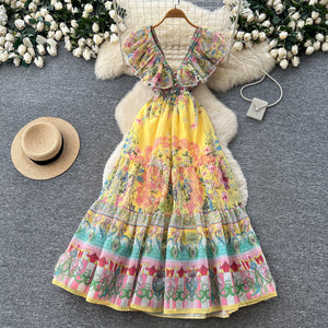 Vacation style v neckruffles floral dress women's high waist a-line large swing fairy skirt summerfrenchelegance long skirt