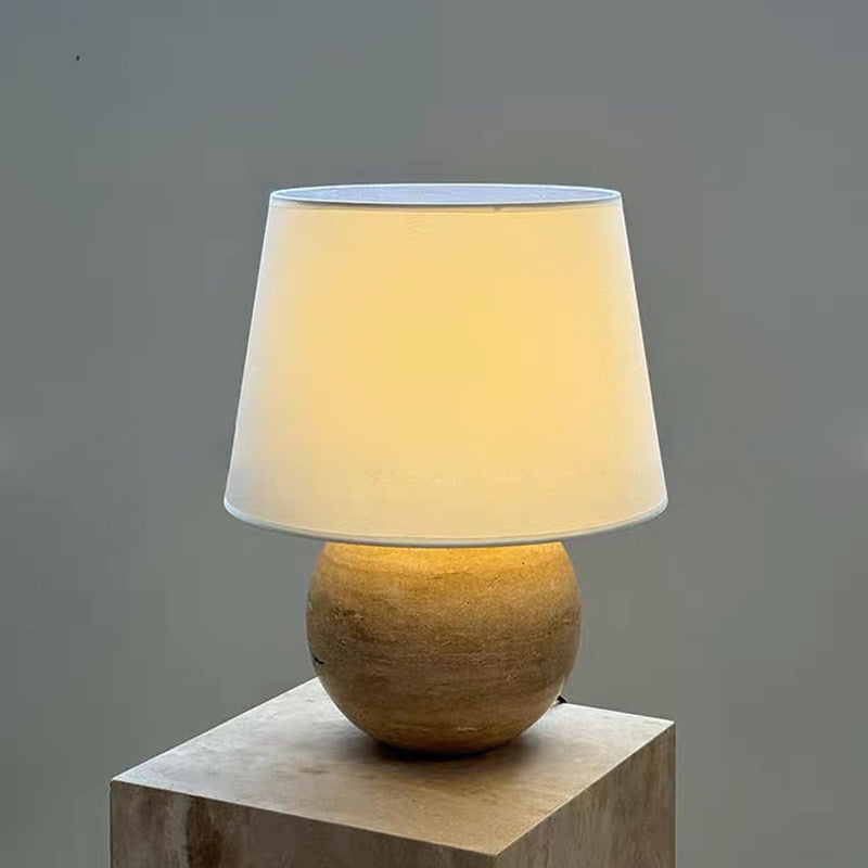 Wabi-sabi style natural travertine table lamp, vintage and mid-century modern bedroom and living room ambient lighting, japanese and korean ins-style bedside lamp