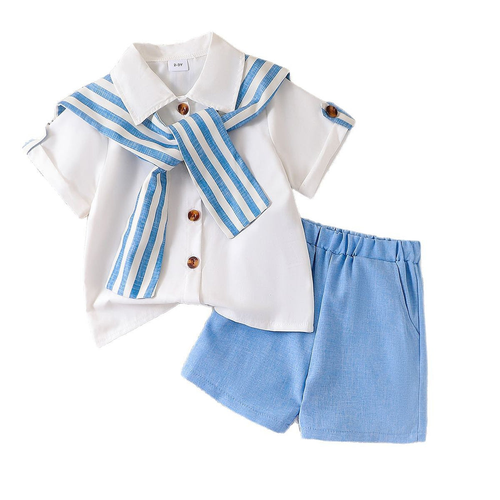 fashion summer new girlssuitpreppy style striped shawl off-white shirt shorts two-piece set