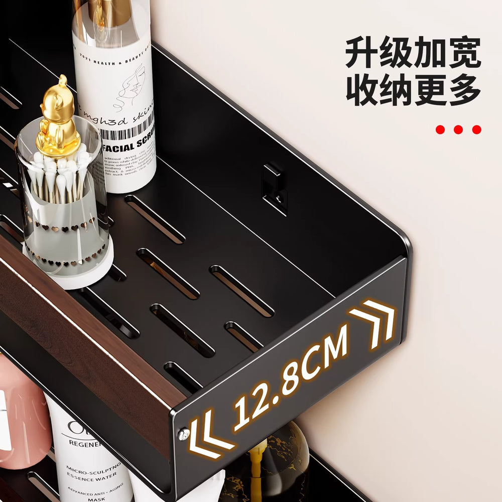 Walnut bathroom storage rack - no drilling required, wall-mounted organizer for vanity countertop and sink area