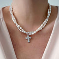 European and american cross-border baroque imitation pearl necklace for women, niche light luxury high-end diamond-encrusted cross pendant choker