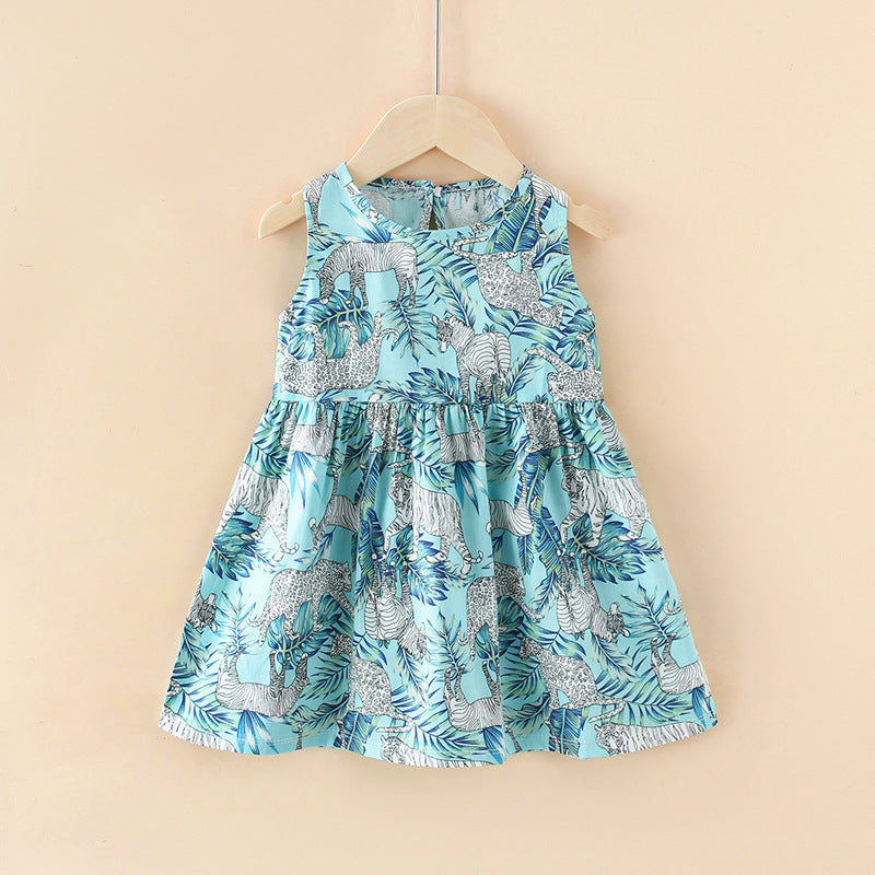 New summer girls' dress - girls' sundress with blue leaf zebra print - pure cotton dress - princess style - kids' beach dress