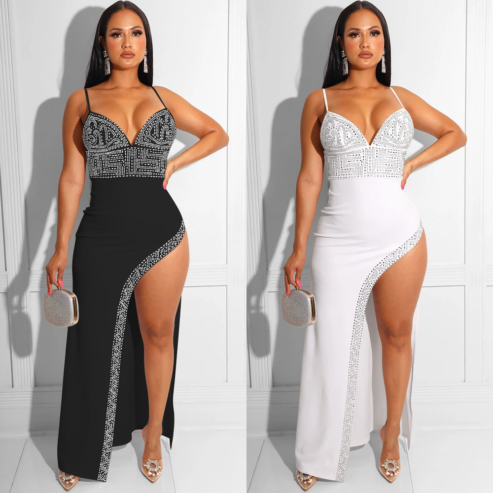 C5902 cross-border new arrival: hot-selling -style european and american rhinestone embellished sexy cami irregular maxi dress