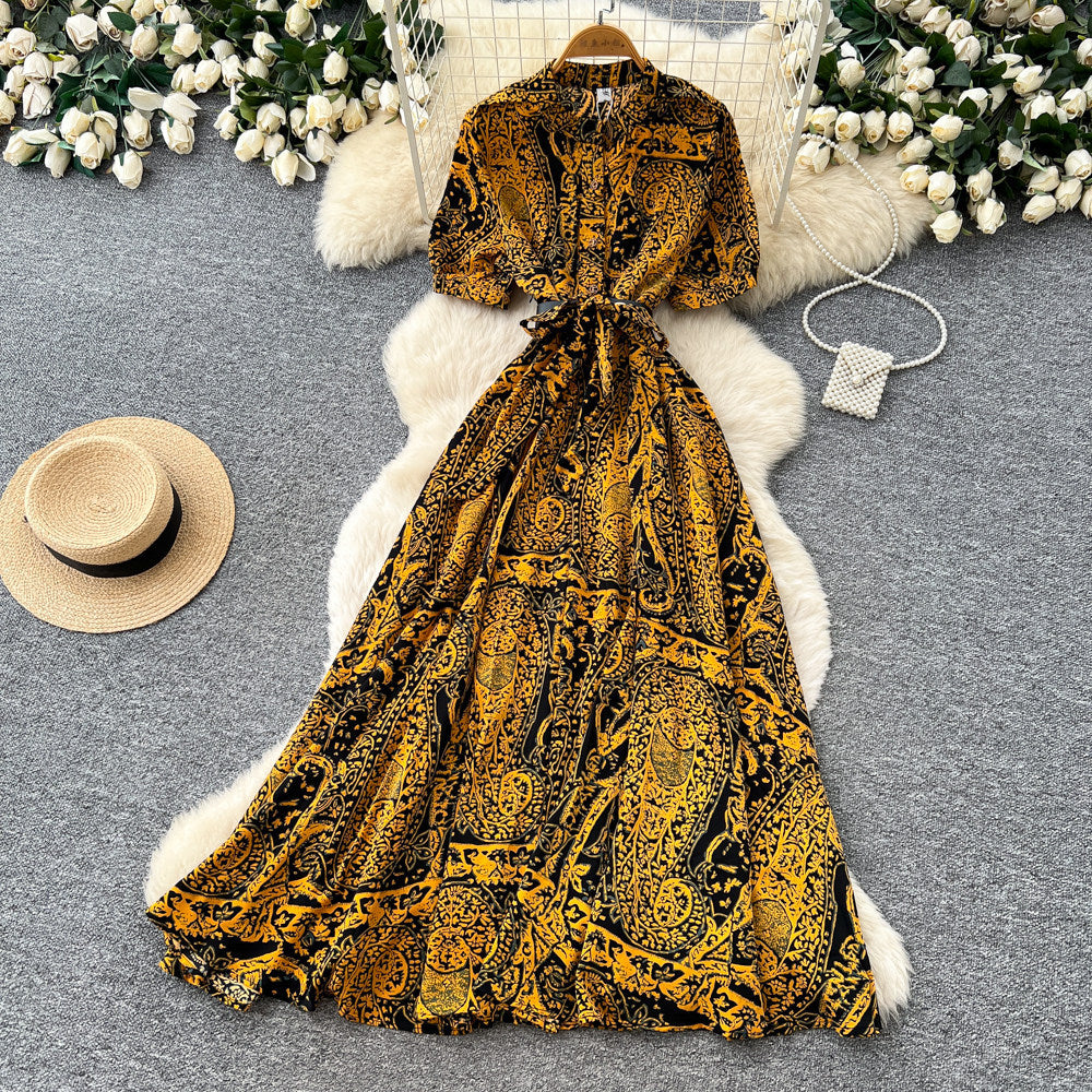 Vintage print a-line dress - women's summer short sleeve, slim fit, elegant long dress