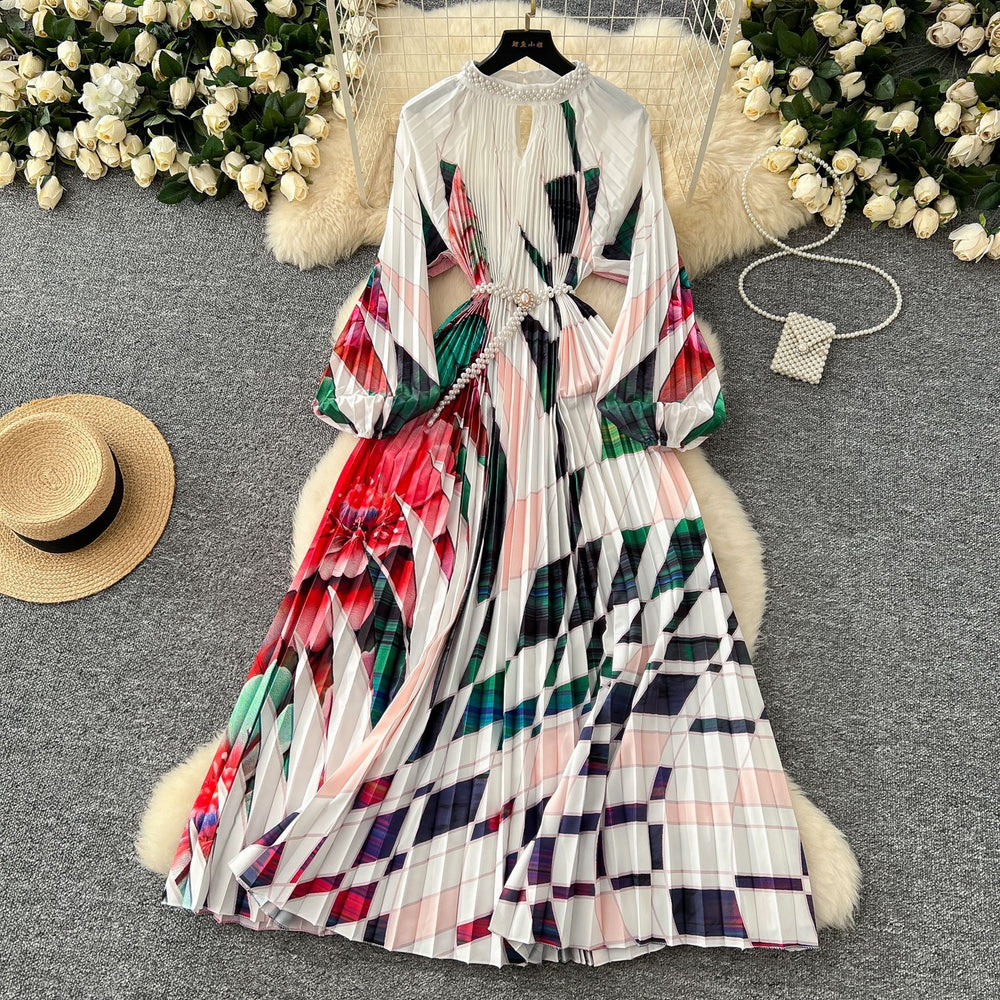 European and american style high-end round neck beaded lantern sleeve pearl belt waist-defining elegant long printed pleated dress