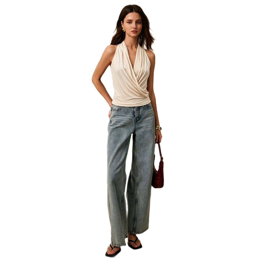 new cross-border halter neck ruched tank top - women's elegant v-neck, cinched waist, sleeveless top - soft & versatile layering piece