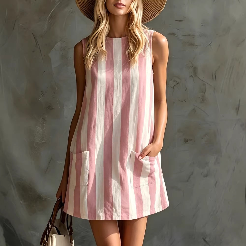 New european and american  fashion retro striped sleeveless crew neck cotton linen mini dress