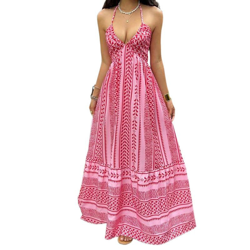 Amazon  summer new arrival: printed beach vacation style v-neck halter backless tie-up dress for women