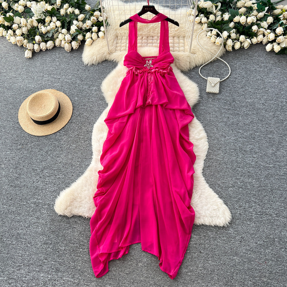 Vacation style blue halterbacklessdress women's summer high waist a-line long skirt elegantwork clothingasymmetrical large skirt